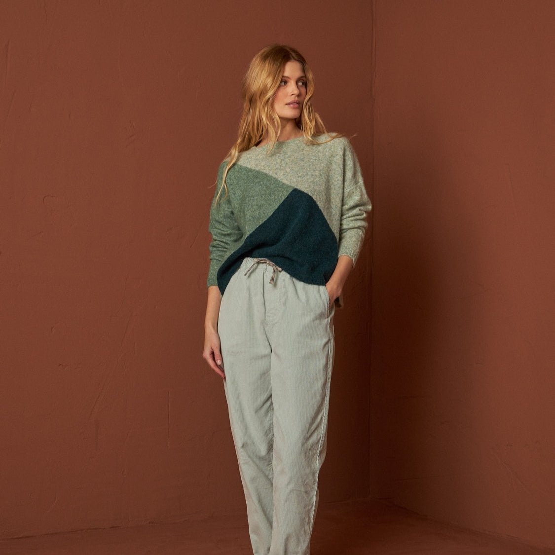 Indi and Cold Tri Green Wool Sweater