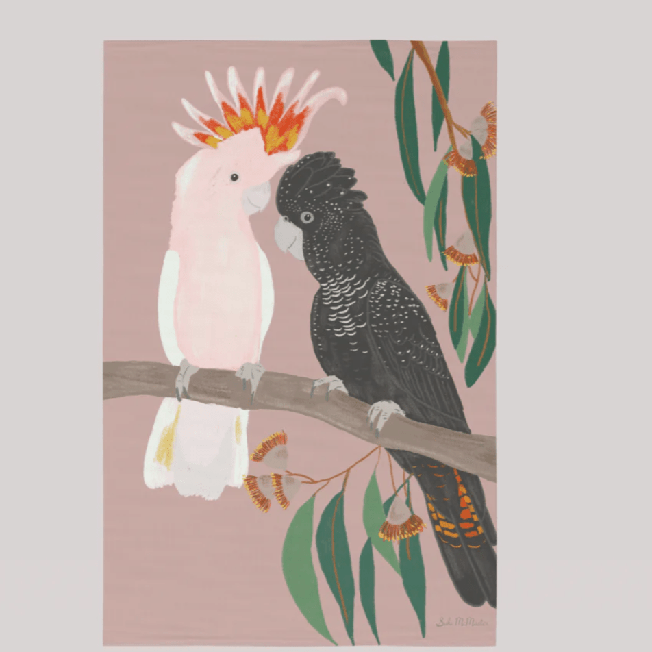 Rex the Black Cockatoo and Muffy the Major Mitchel Tea Towel