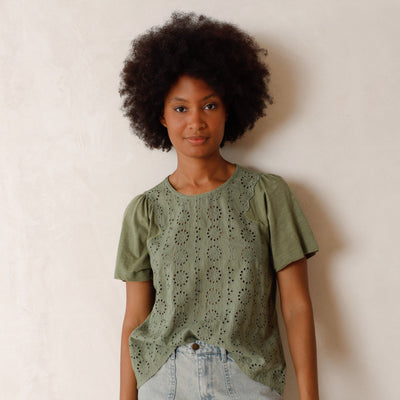 Indi and Cold Schiffli Olive Embroidered Shirt