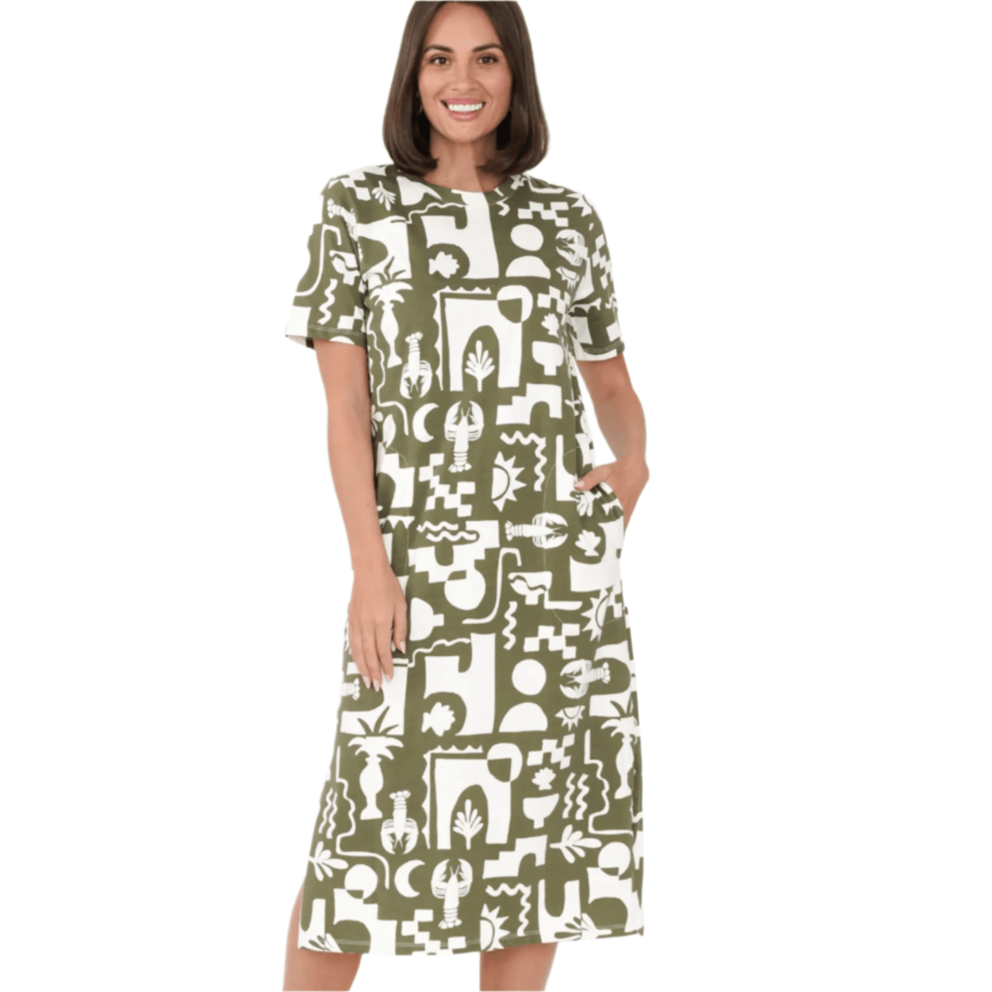 Elm Clothing Postcard Tee Dress Khaki/Cream