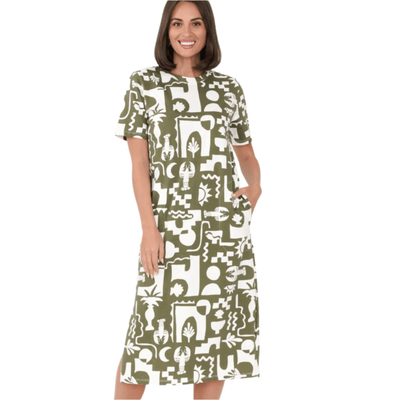 Elm Clothing Postcard Tee Dress Khaki/Cream