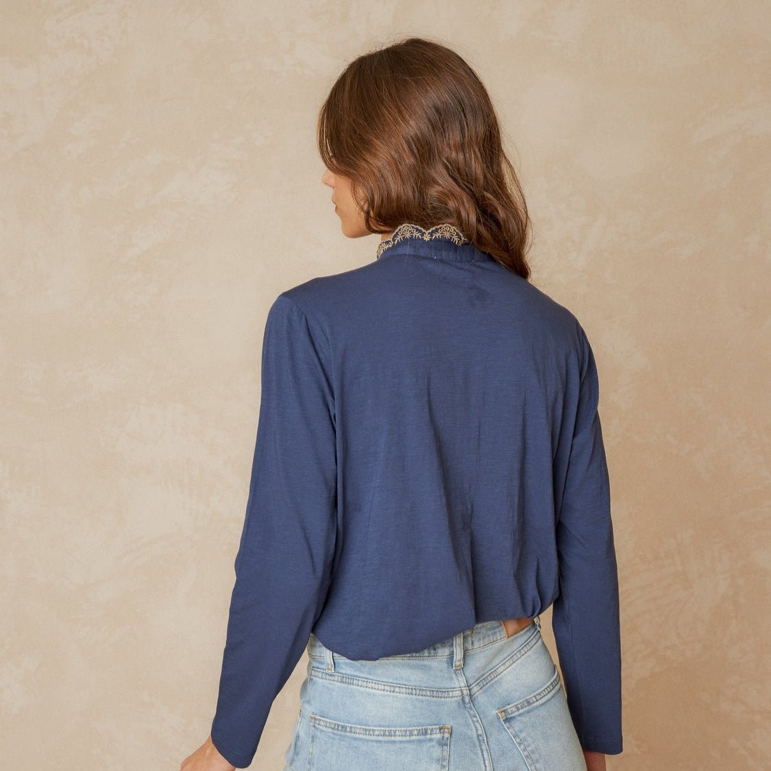 Indi and Cold Combined Contrast Ruffle Shirt in Indigo