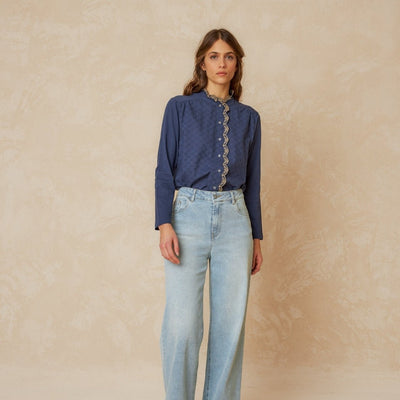 Indi and Cold Combined Contrast Ruffle Shirt in Indigo